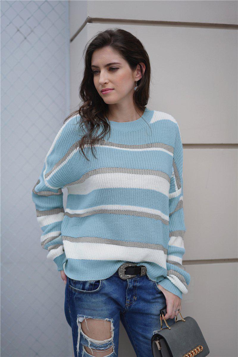 Striped Rib-Knit Round Neck Long Sleeve Sweater-TOPS / DRESSES-[Adult]-[Female]-Sky Blue-S-Blue Zone Planet