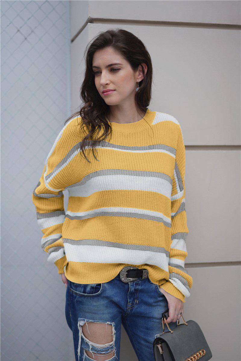 Striped Rib-Knit Round Neck Long Sleeve Sweater-TOPS / DRESSES-[Adult]-[Female]-Yellow-S-Blue Zone Planet