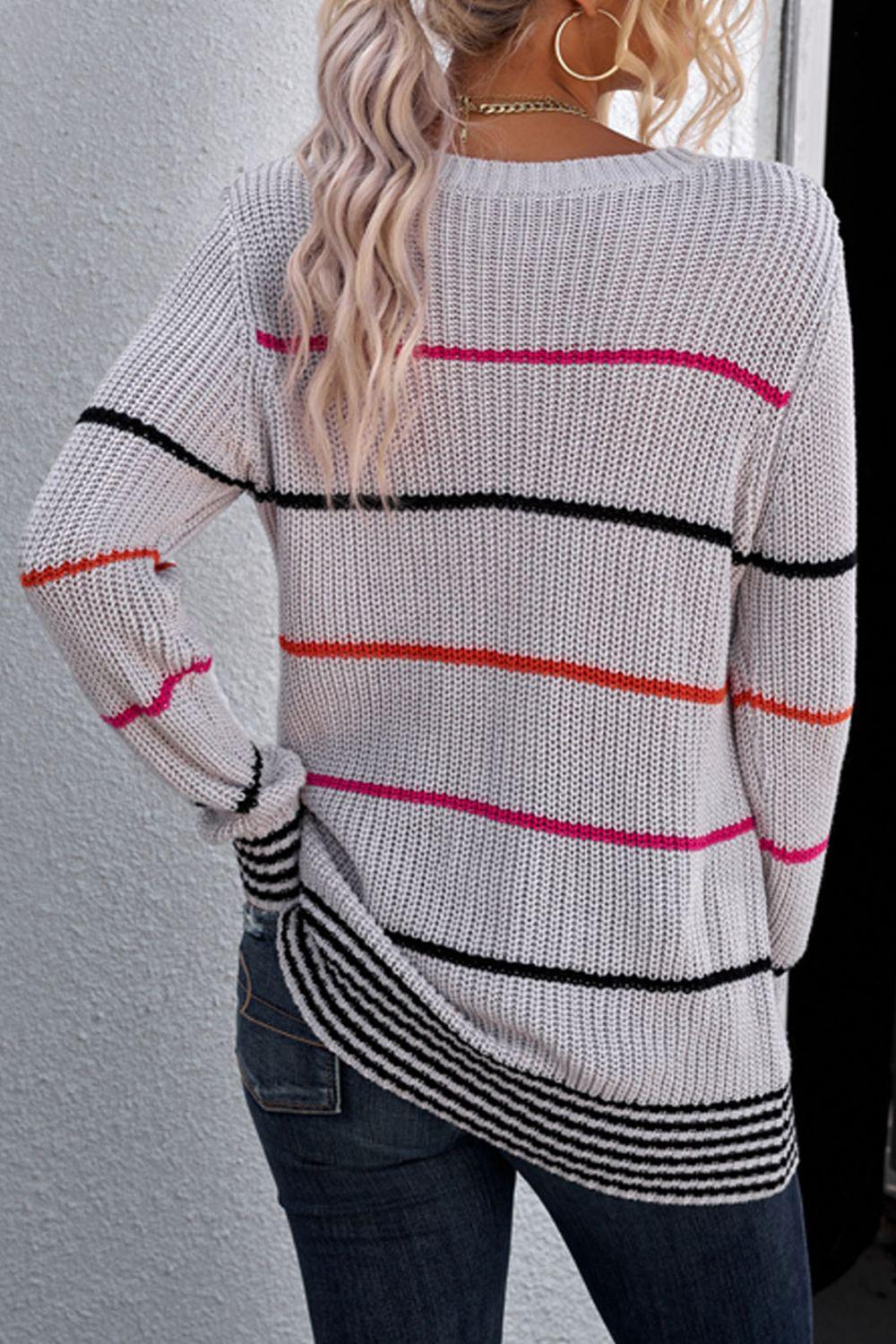 Striped Ribbed Round Neck Long Sleeve Sweater-TOPS / DRESSES-[Adult]-[Female]-2022 Online Blue Zone Planet