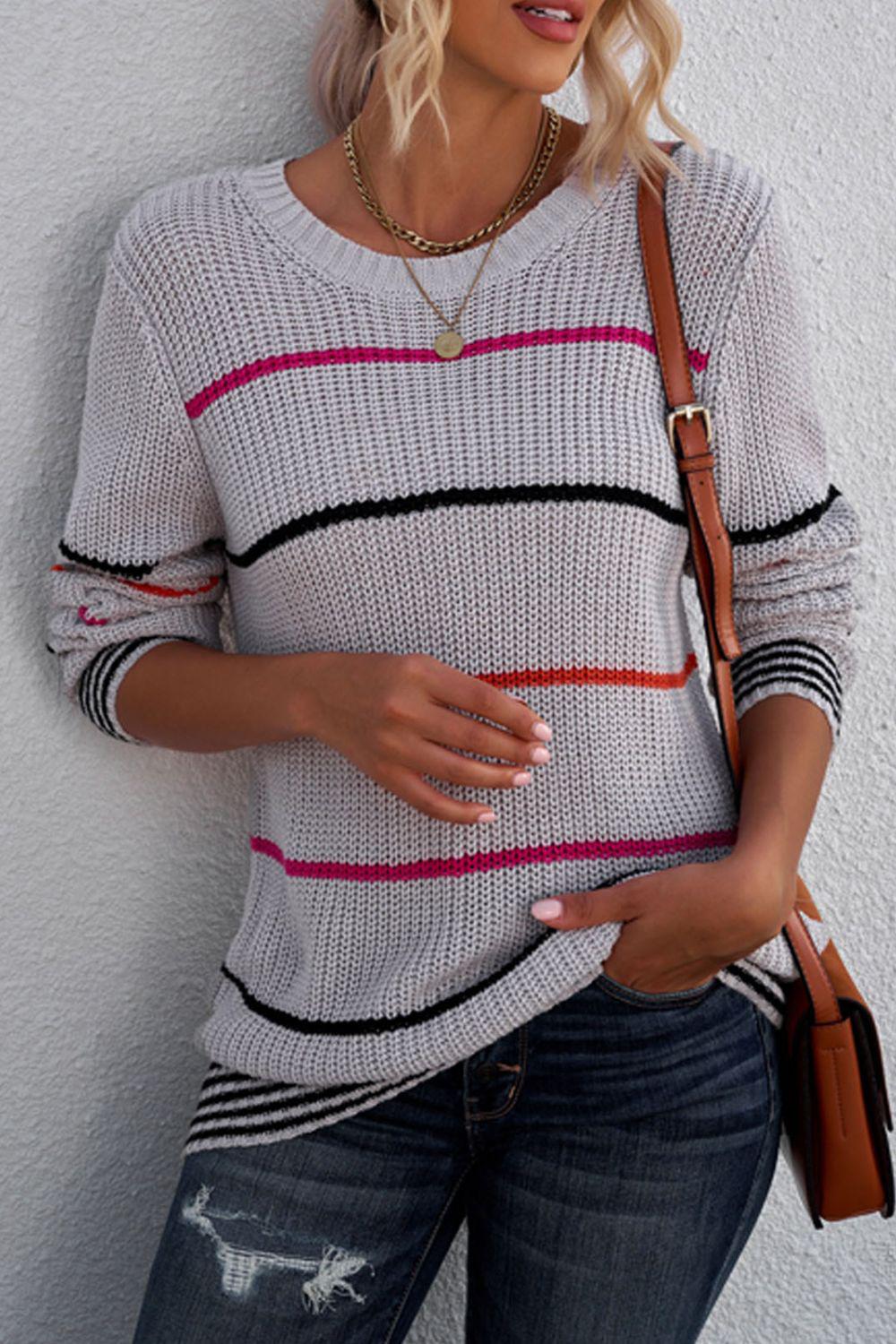 Striped Ribbed Round Neck Long Sleeve Sweater-TOPS / DRESSES-[Adult]-[Female]-2022 Online Blue Zone Planet