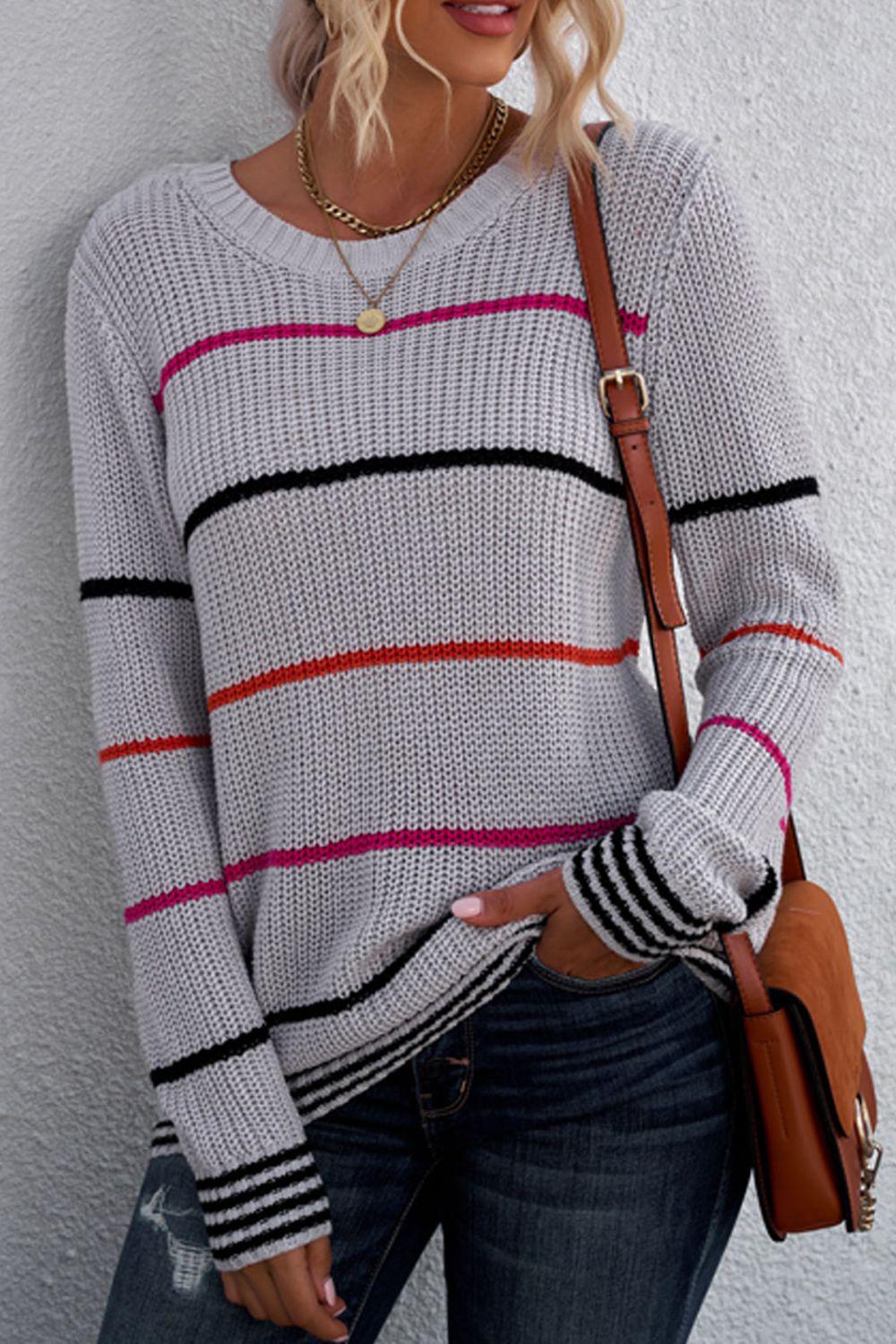 Striped Ribbed Round Neck Long Sleeve Sweater-TOPS / DRESSES-[Adult]-[Female]-Gray-S-2022 Online Blue Zone Planet