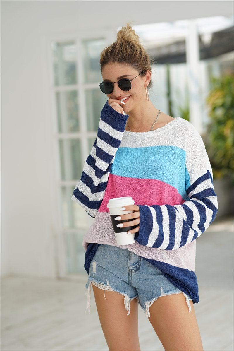 Striped Ribbed Trim Bell Sleeve Sweater BLUE ZONE PLANET