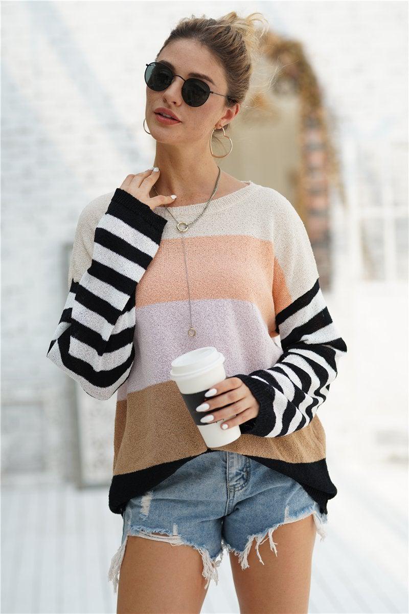 Striped Ribbed Trim Bell Sleeve Sweater-TOPS / DRESSES-[Adult]-[Female]-Apricot-S-Blue Zone Planet