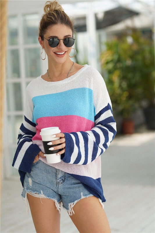 Striped Ribbed Trim Bell Sleeve Sweater BLUE ZONE PLANET