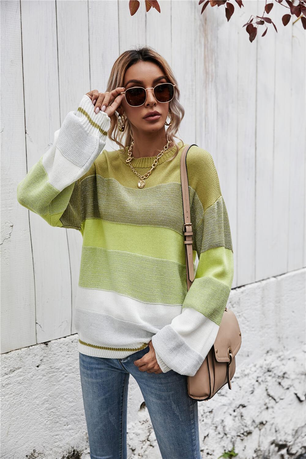 Striped Ribbed Trim Sweater-TOPS / DRESSES-[Adult]-[Female]-Green-S-2022 Online Blue Zone Planet