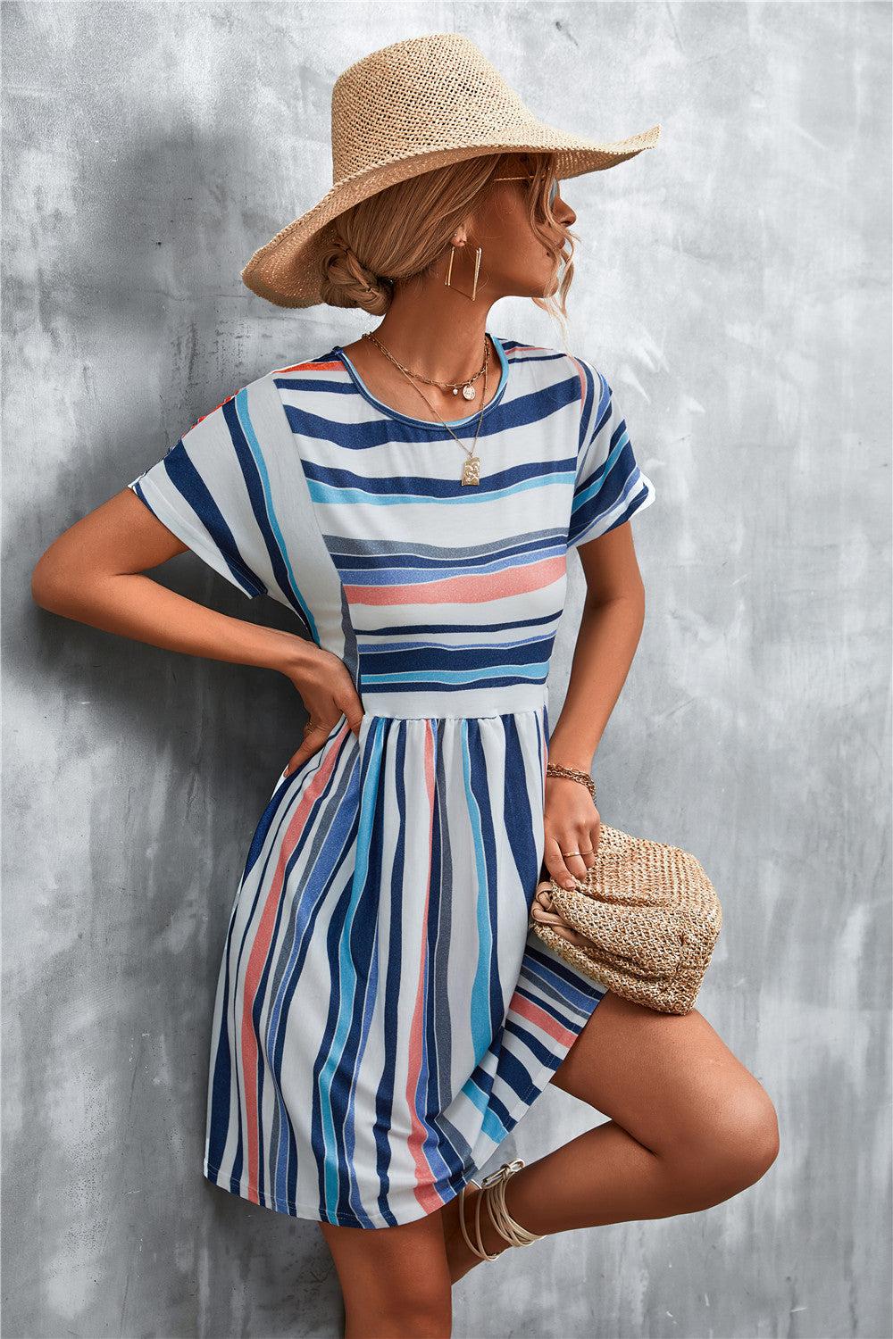 Striped Round Neck Dress BLUE ZONE PLANET