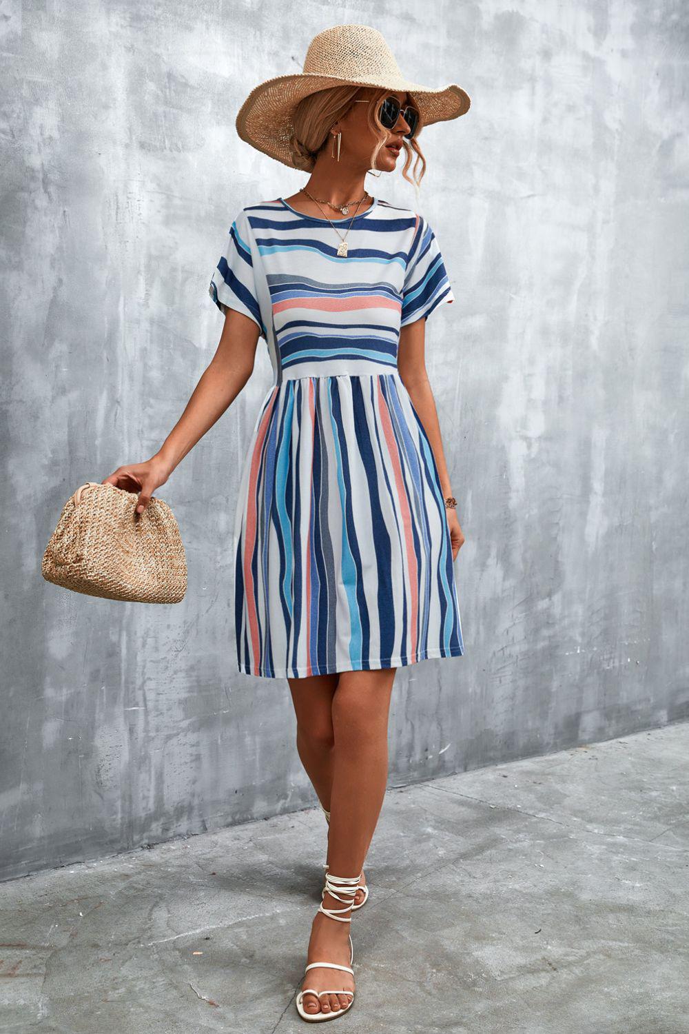 Striped Round Neck Dress BLUE ZONE PLANET