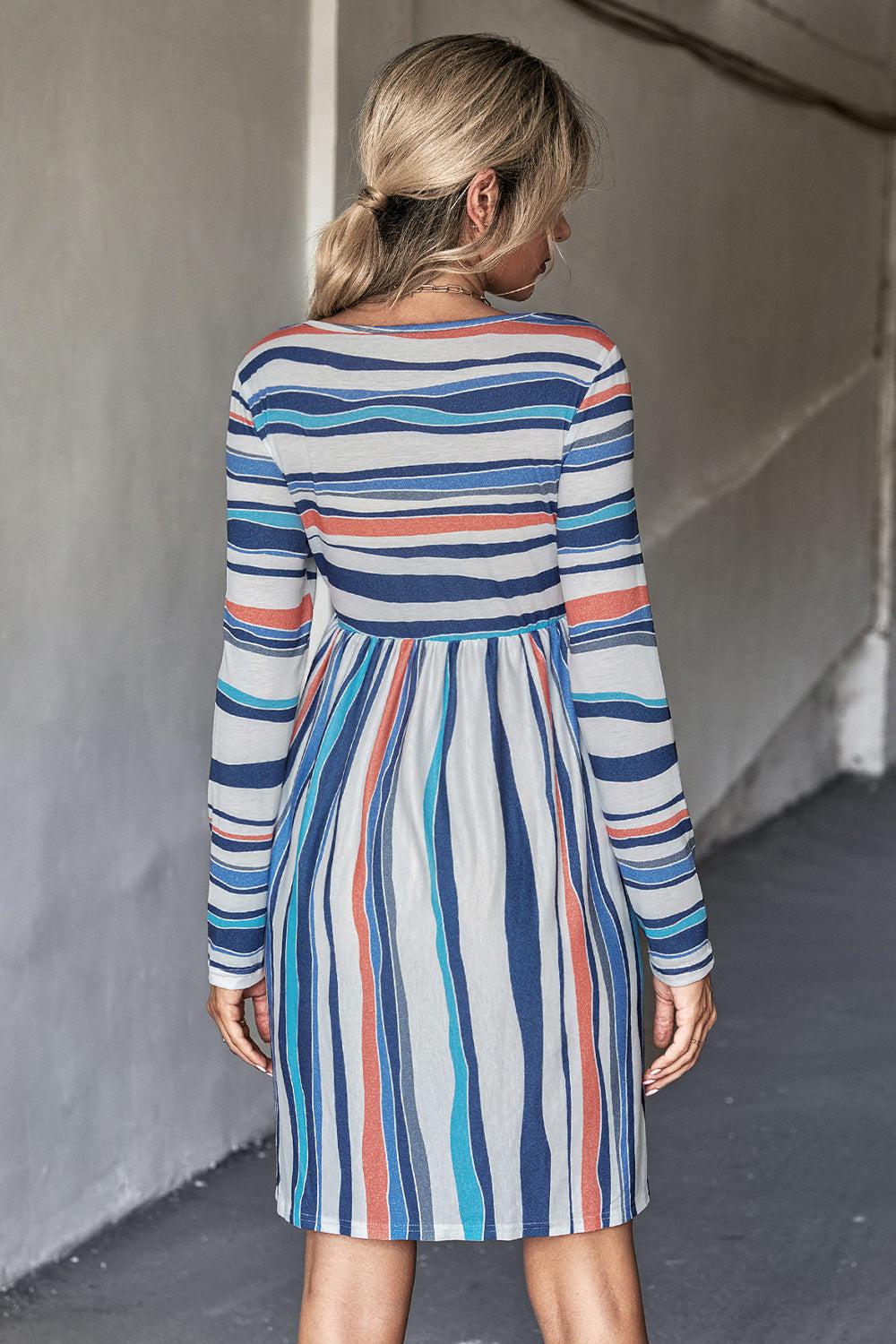 Striped Round Neck Long Sleeve Tee Mini Dress BLUE ZONE PLANET