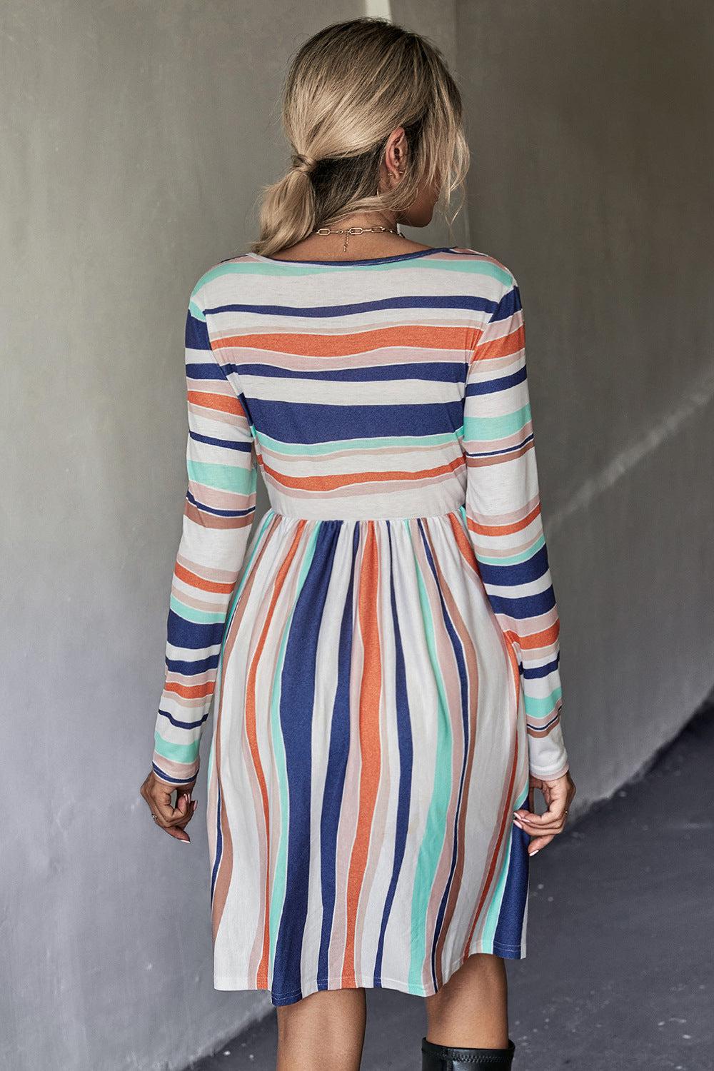 Striped Round Neck Long Sleeve Tee Mini Dress BLUE ZONE PLANET