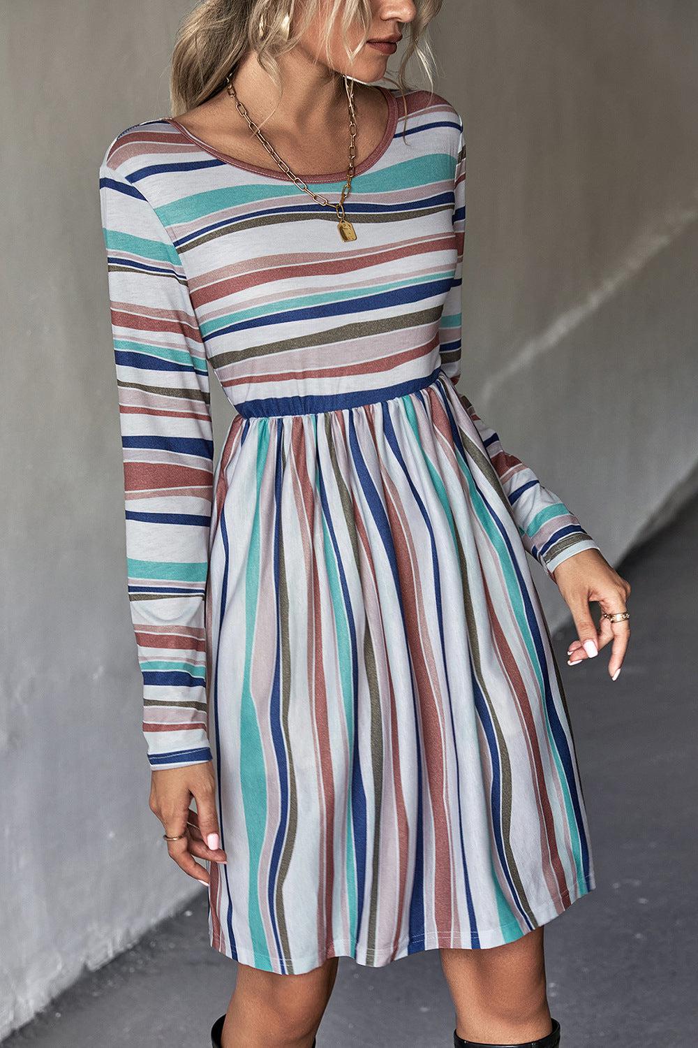 Striped Round Neck Long Sleeve Tee Mini Dress BLUE ZONE PLANET