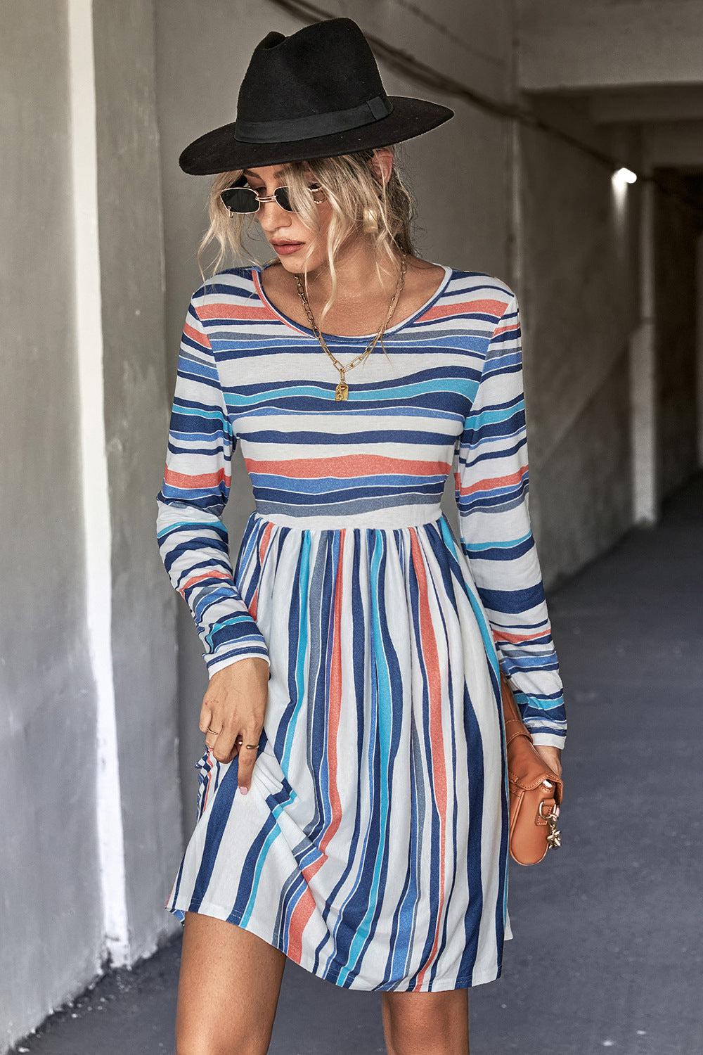 Striped Round Neck Long Sleeve Tee Mini Dress BLUE ZONE PLANET