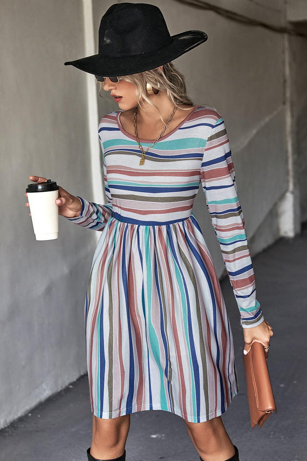 Striped Round Neck Long Sleeve Tee Mini Dress BLUE ZONE PLANET