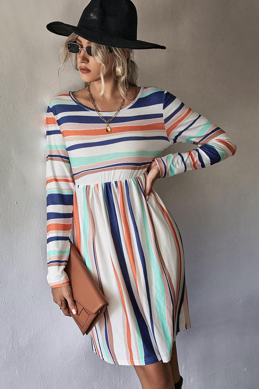 Striped Round Neck Long Sleeve Tee Mini Dress BLUE ZONE PLANET