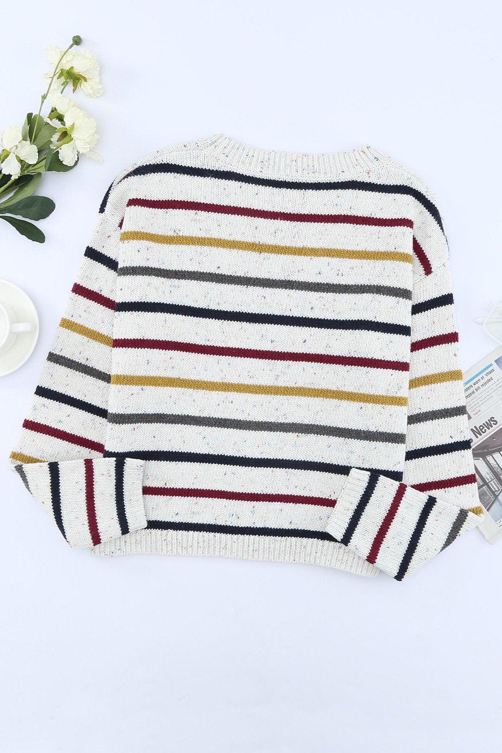Striped Round Neck Ribbed Trim Sweater BLUE ZONE PLANET