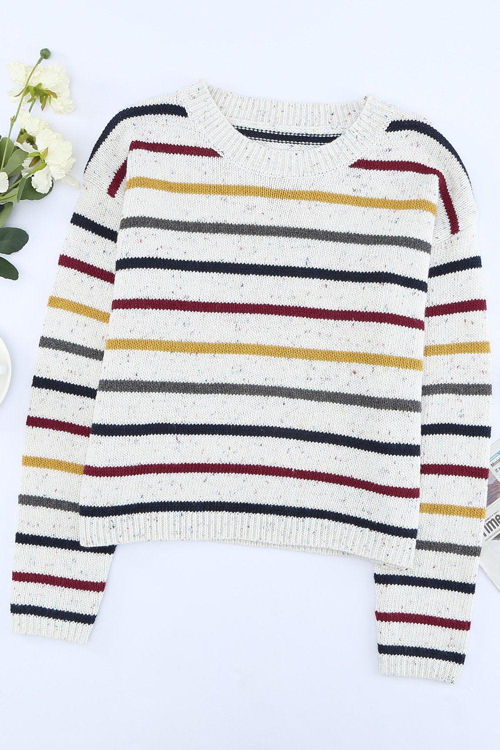 Striped Round Neck Ribbed Trim Sweater-TOPS / DRESSES-[Adult]-[Female]-White-S-Blue Zone Planet