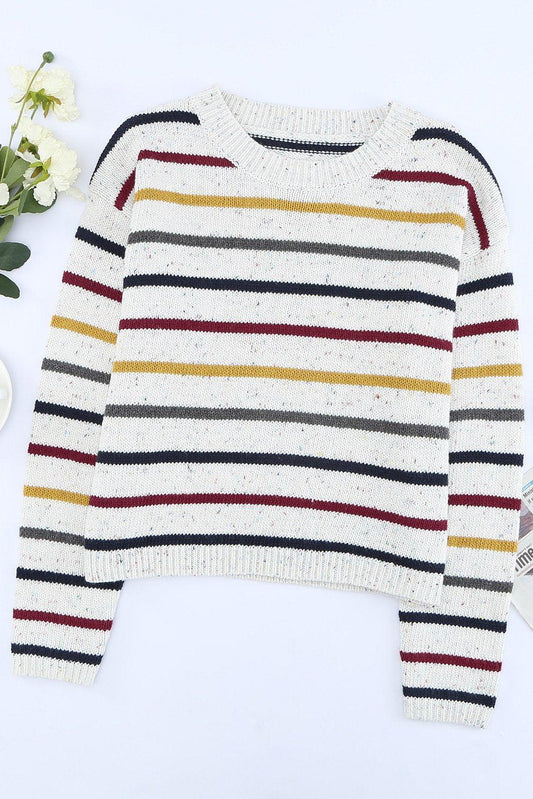 Striped Round Neck Ribbed Trim Sweater BLUE ZONE PLANET