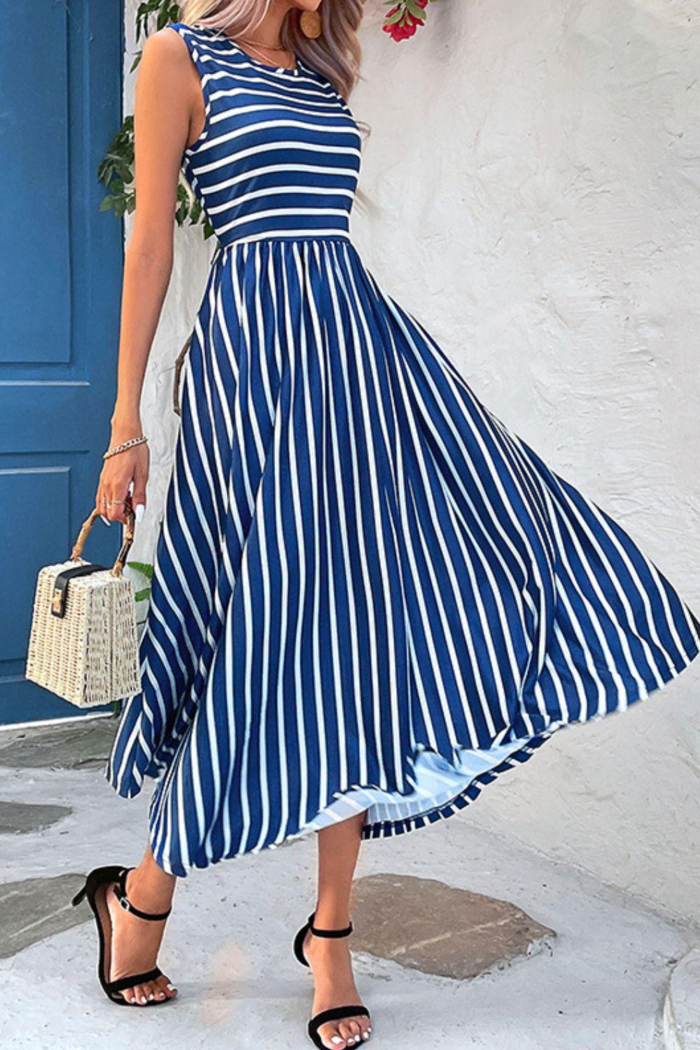 Striped Round Neck Sleeveless Dress with Pockets BLUE ZONE PLANET