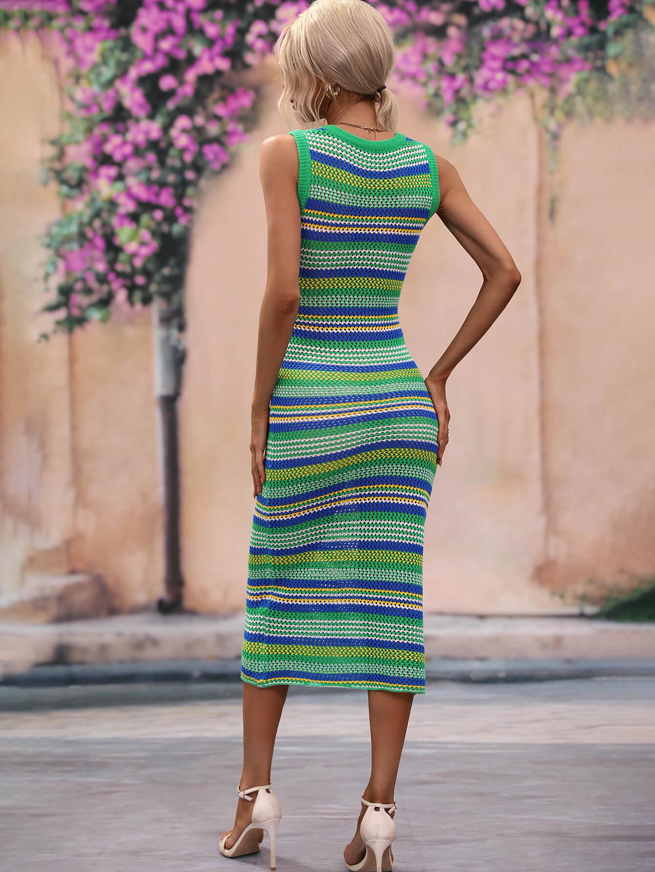 Striped Round Neck Sleeveless Midi Cover Up Dress BLUE ZONE PLANET