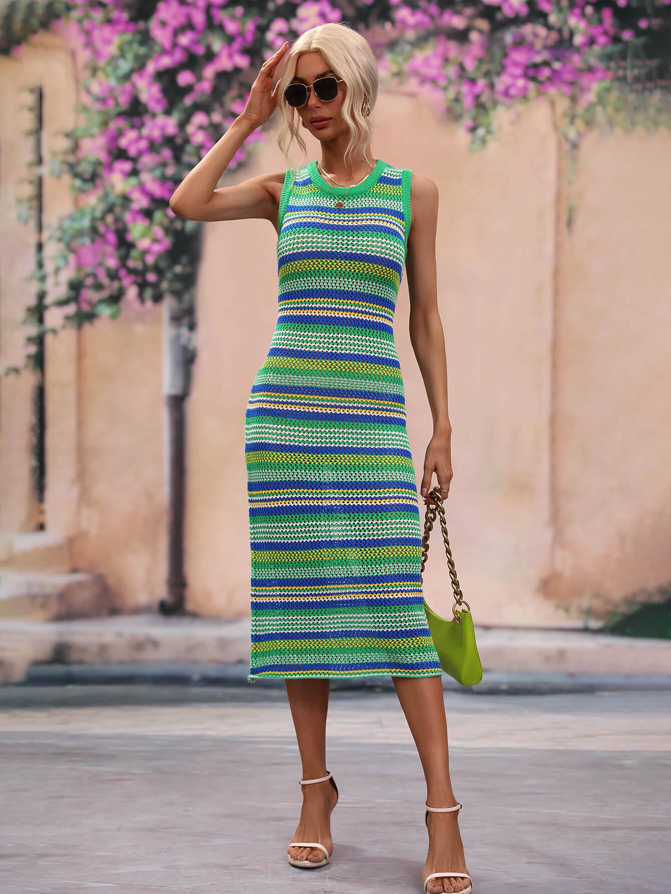 Striped Round Neck Sleeveless Midi Cover Up Dress BLUE ZONE PLANET