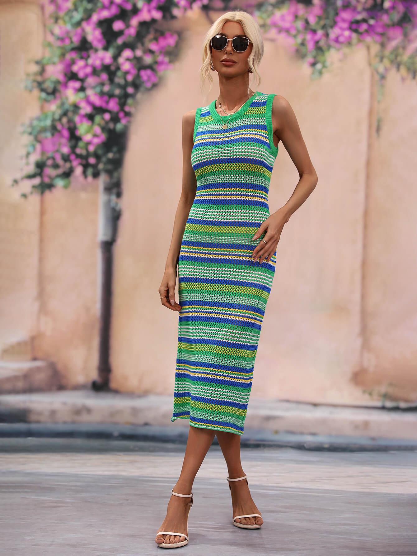 Striped Round Neck Sleeveless Midi Cover Up Dress BLUE ZONE PLANET