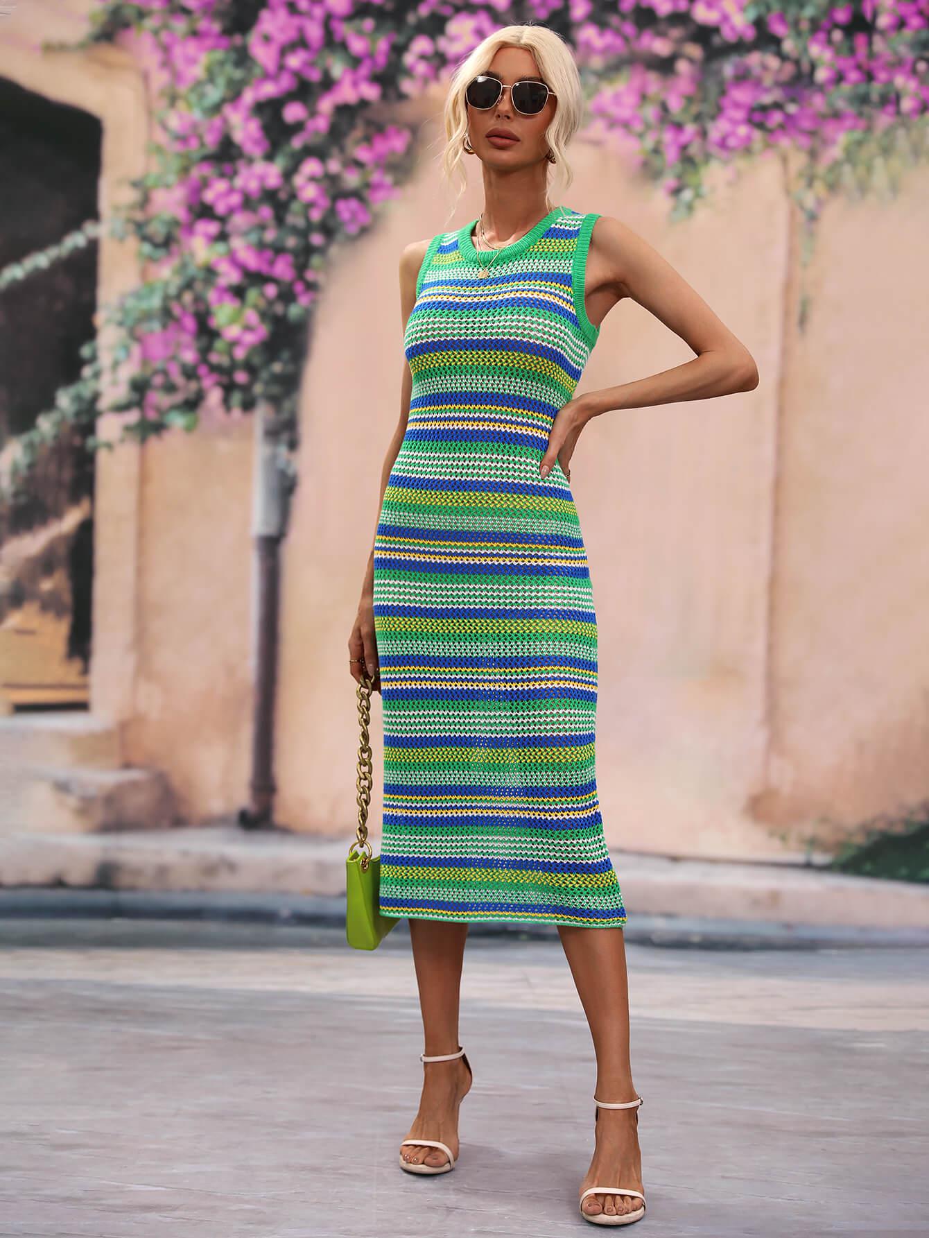 Striped Round Neck Sleeveless Midi Cover Up Dress BLUE ZONE PLANET