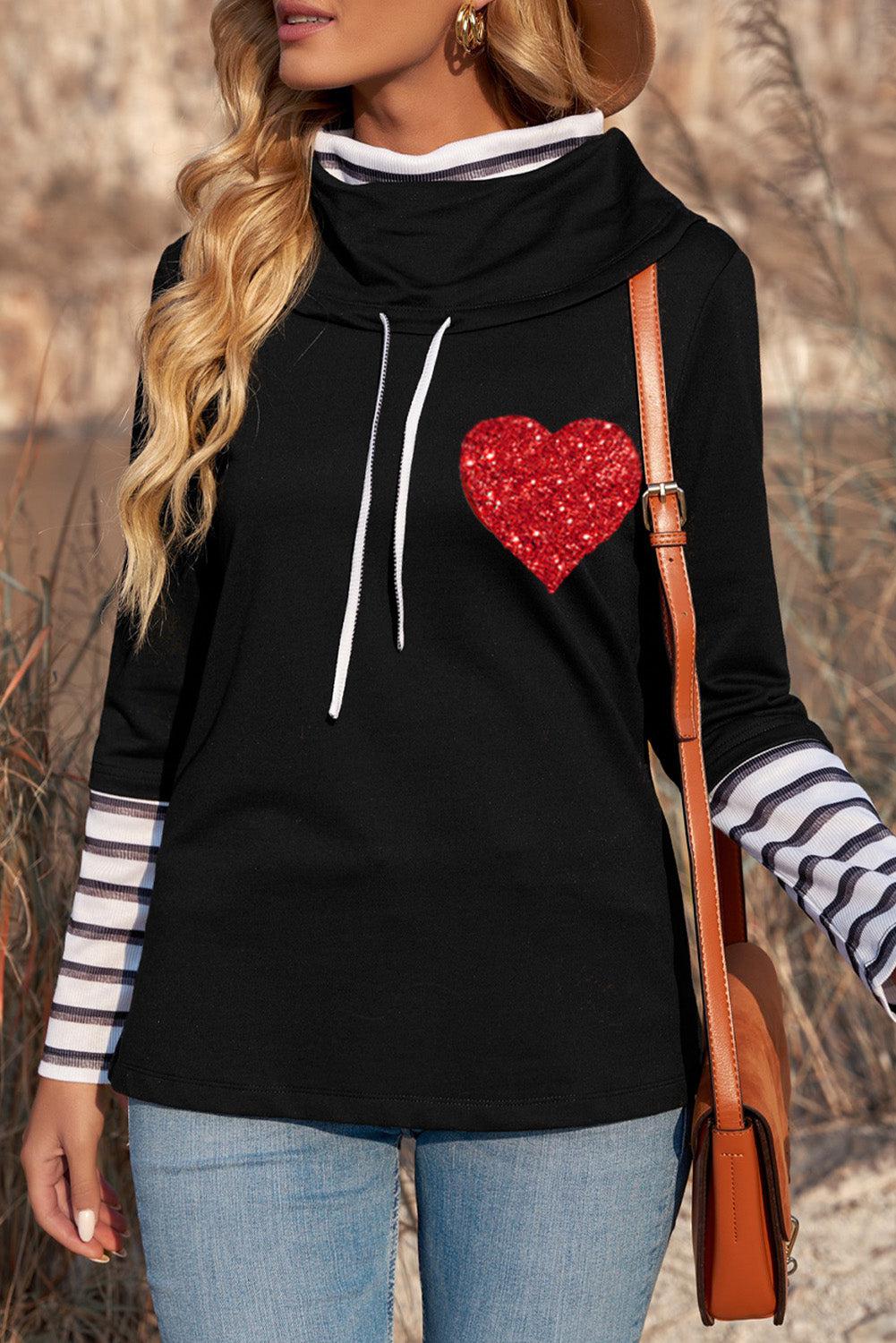 Striped Sequin Heart Graphic Long Sleeve Top BLUE ZONE PLANET