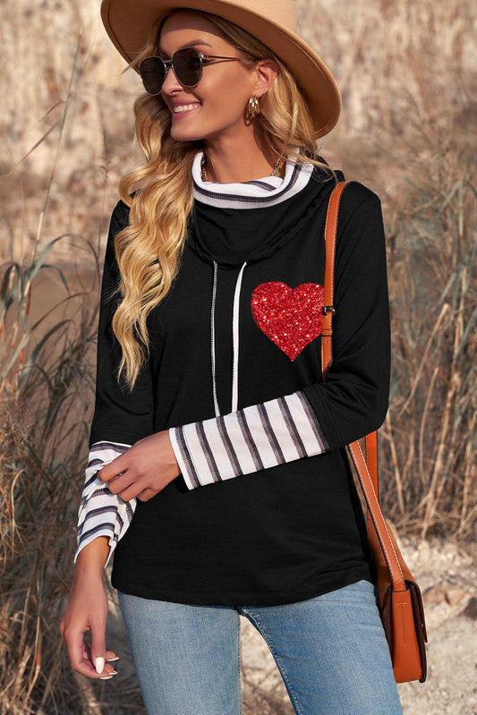 Striped Sequin Heart Graphic Long Sleeve Top BLUE ZONE PLANET