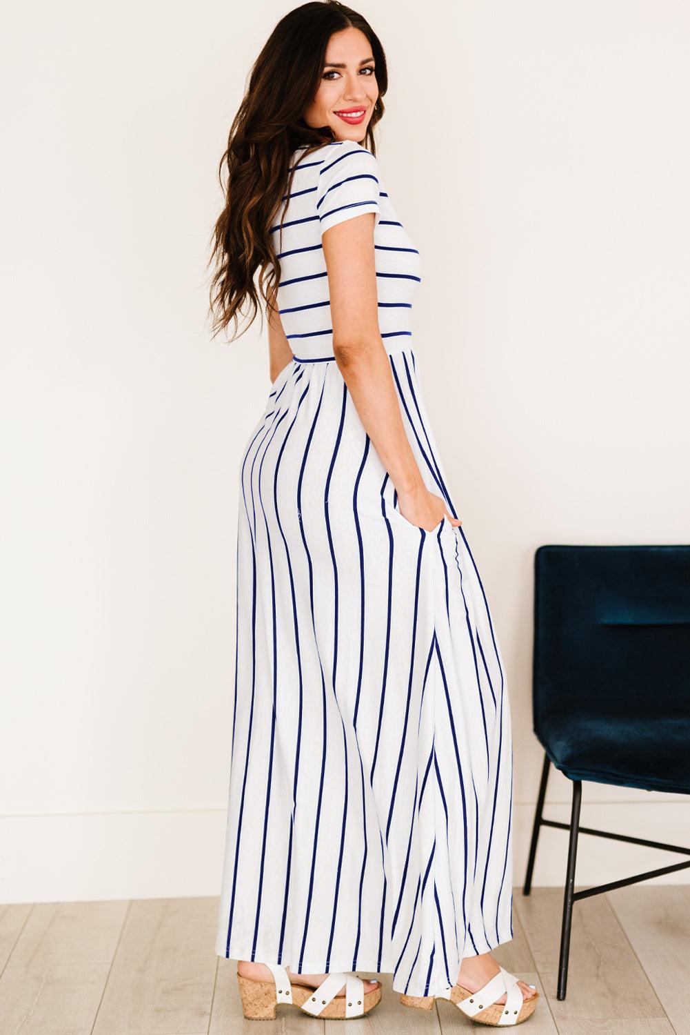 Striped Short Sleeve Crewneck Maxi Dress-TOPS / DRESSES-[Adult]-[Female]-2022 Online Blue Zone Planet