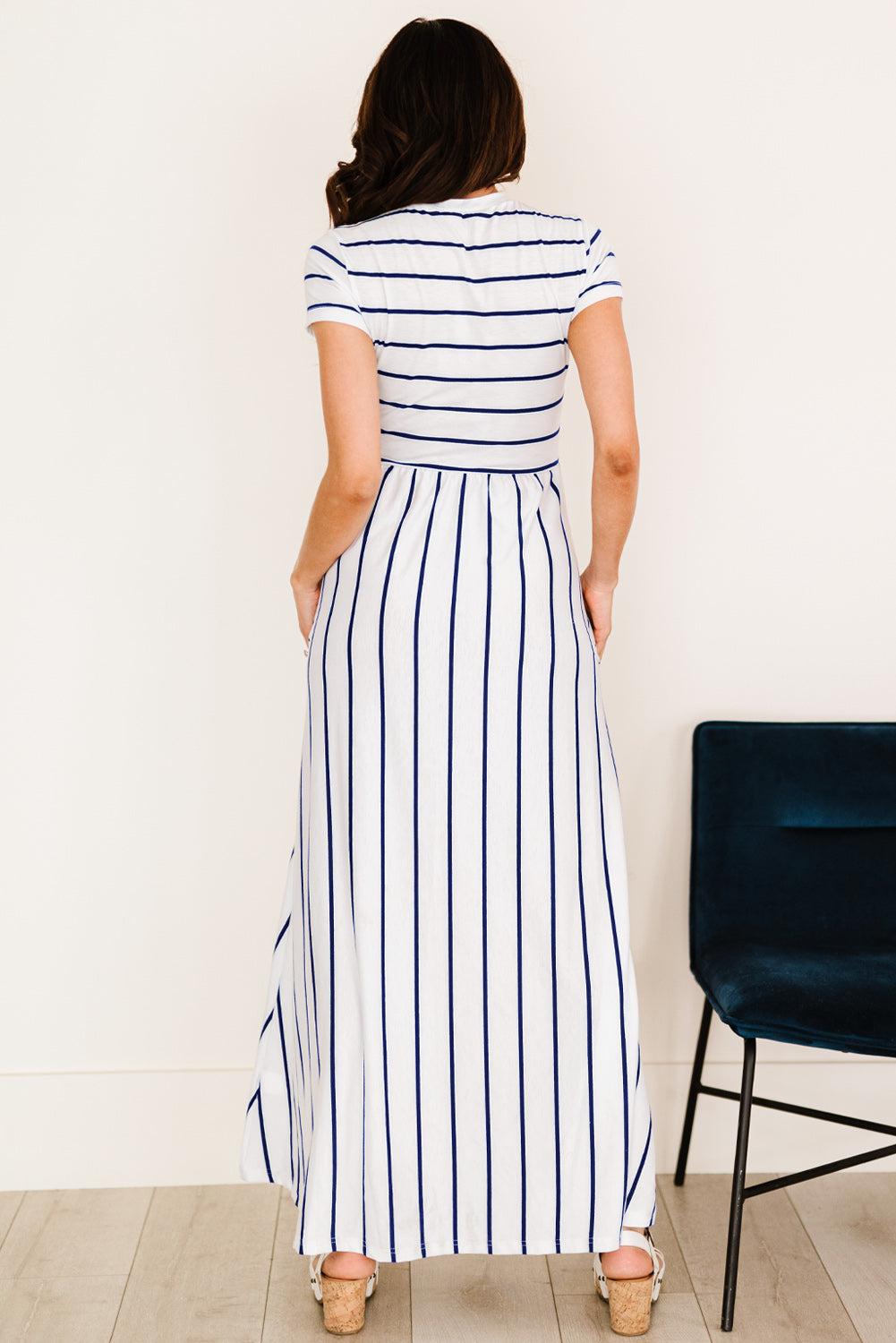 Striped Short Sleeve Crewneck Maxi Dress-TOPS / DRESSES-[Adult]-[Female]-2022 Online Blue Zone Planet