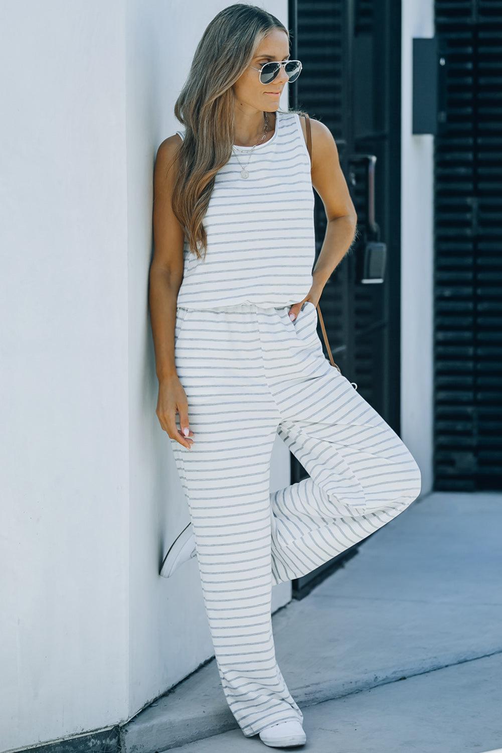 Striped Sleeveless Jumpsuit with Pockets BLUE ZONE PLANET