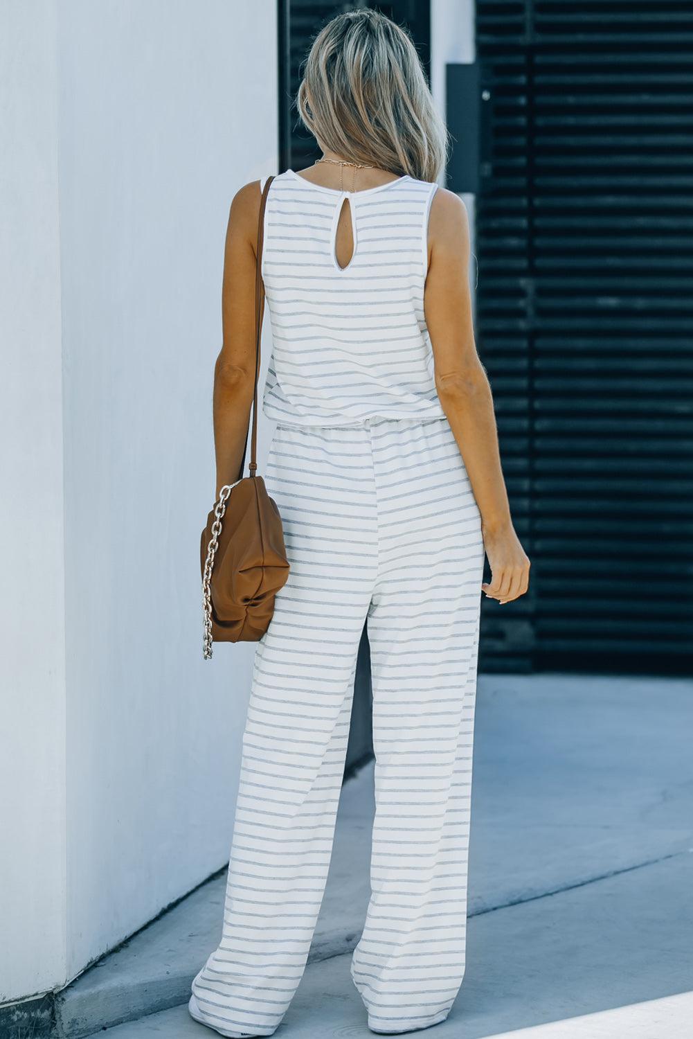 Striped Sleeveless Jumpsuit with Pockets BLUE ZONE PLANET