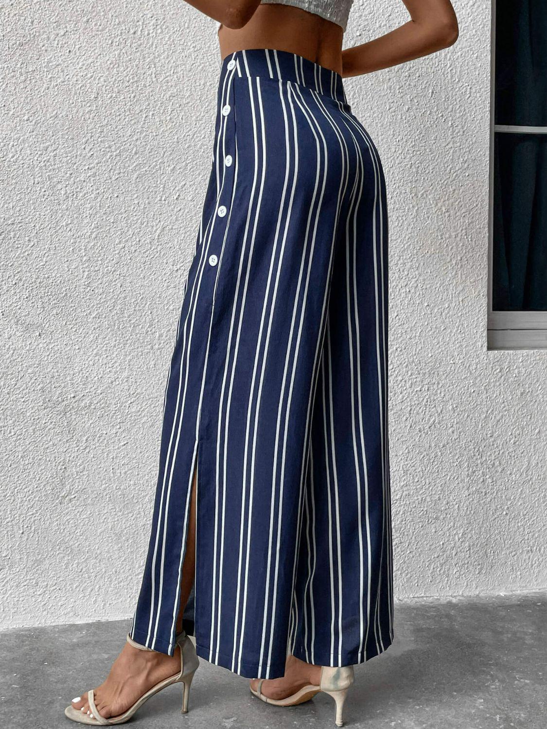 Striped Slit Wide Leg Pants BLUE ZONE PLANET