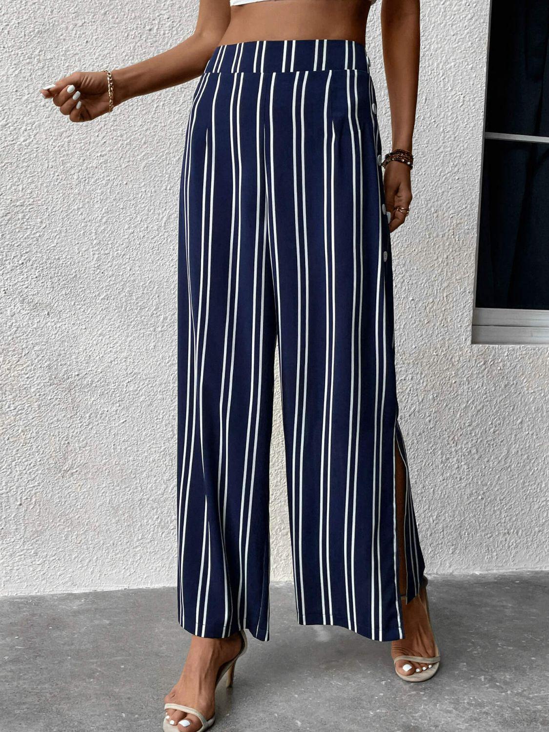 Striped Slit Wide Leg Pants BLUE ZONE PLANET