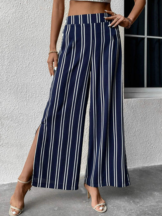 Striped Slit Wide Leg Pants BLUE ZONE PLANET