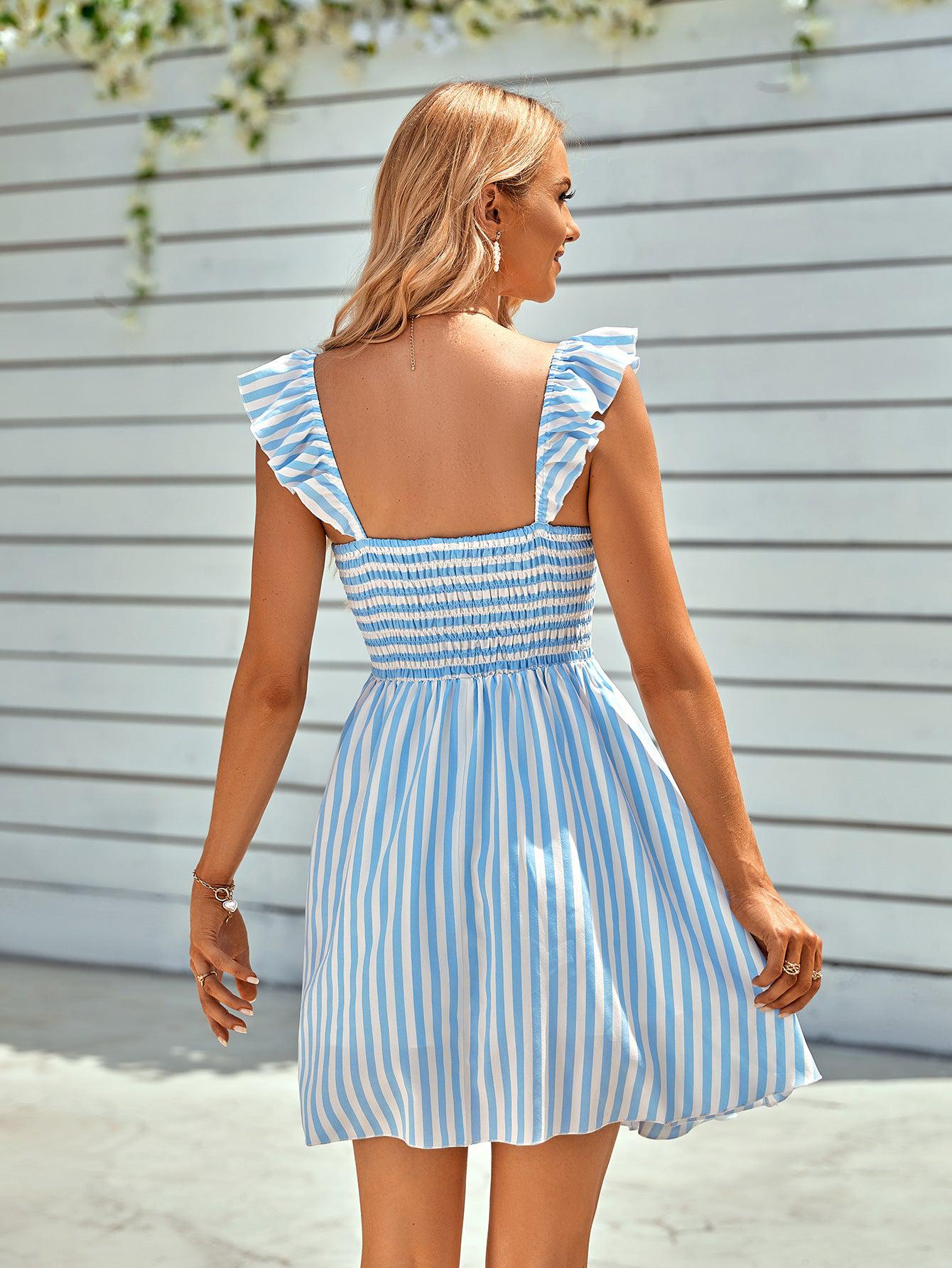 Striped Smocked Ruffle-Shoulder Sleeveless Mini Dress BLUE ZONE PLANET