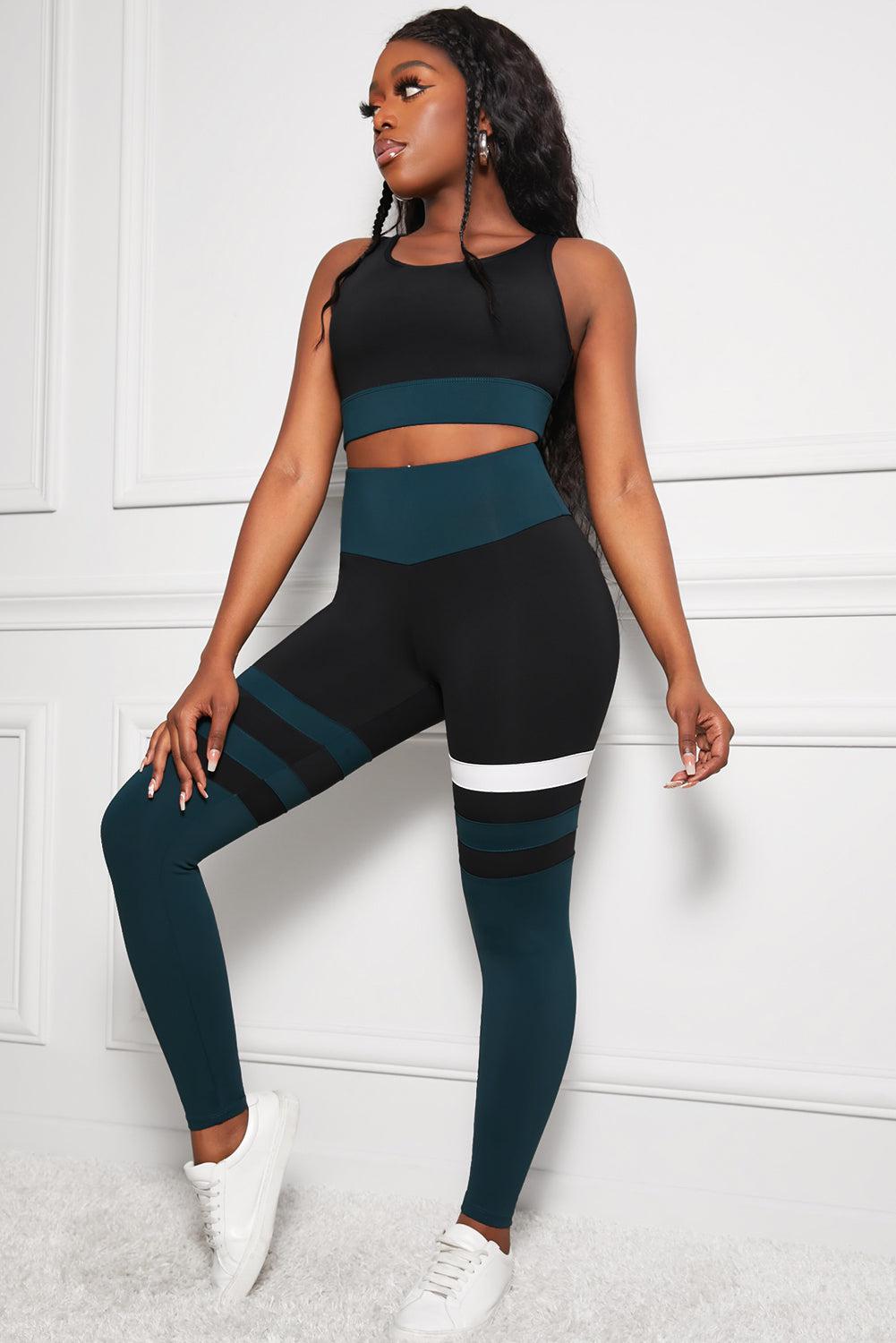 Striped Sports Bra and High Waisted Yoga Leggings Set BLUE ZONE PLANET