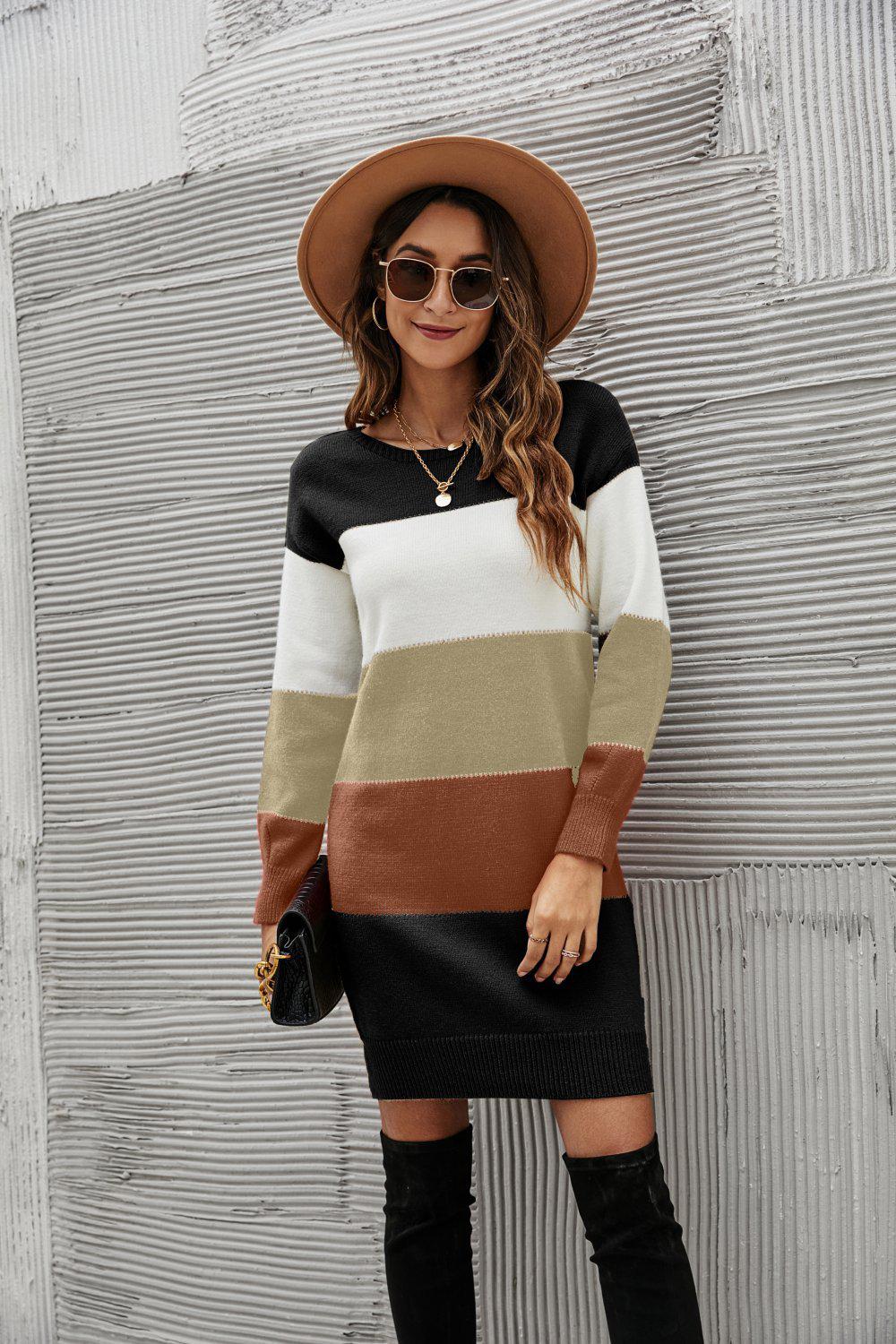 Striped Sweater Dress-TOPS / DRESSES-[Adult]-[Female]-Black/Rust/Khaki-S-Blue Zone Planet