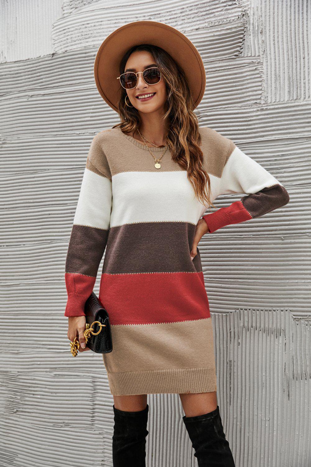 Striped Sweater Dress-TOPS / DRESSES-[Adult]-[Female]-Red-S-Blue Zone Planet