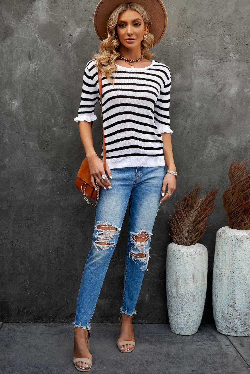 Striped Tie Back Flare Sleeve Knit Top BLUE ZONE PLANET