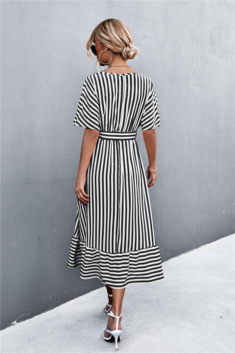 Striped Tie Belt Midi Dress BLUE ZONE PLANET