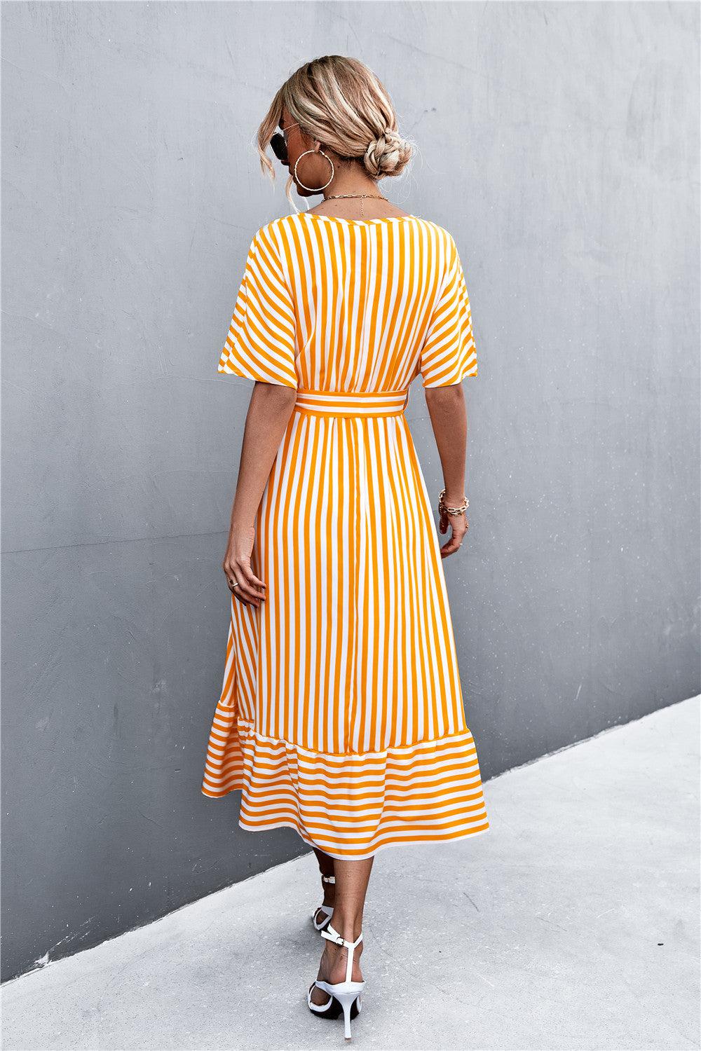 Striped Tie Belt Midi Dress BLUE ZONE PLANET