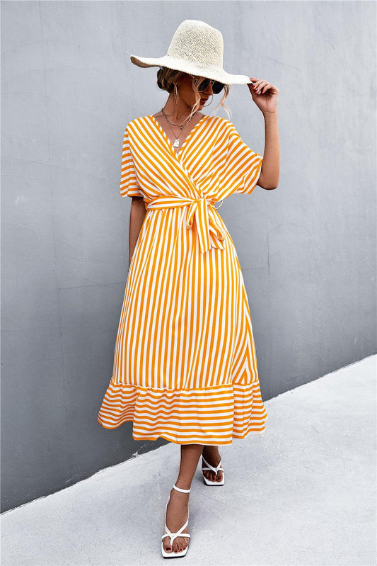 Striped Tie Belt Midi Dress BLUE ZONE PLANET