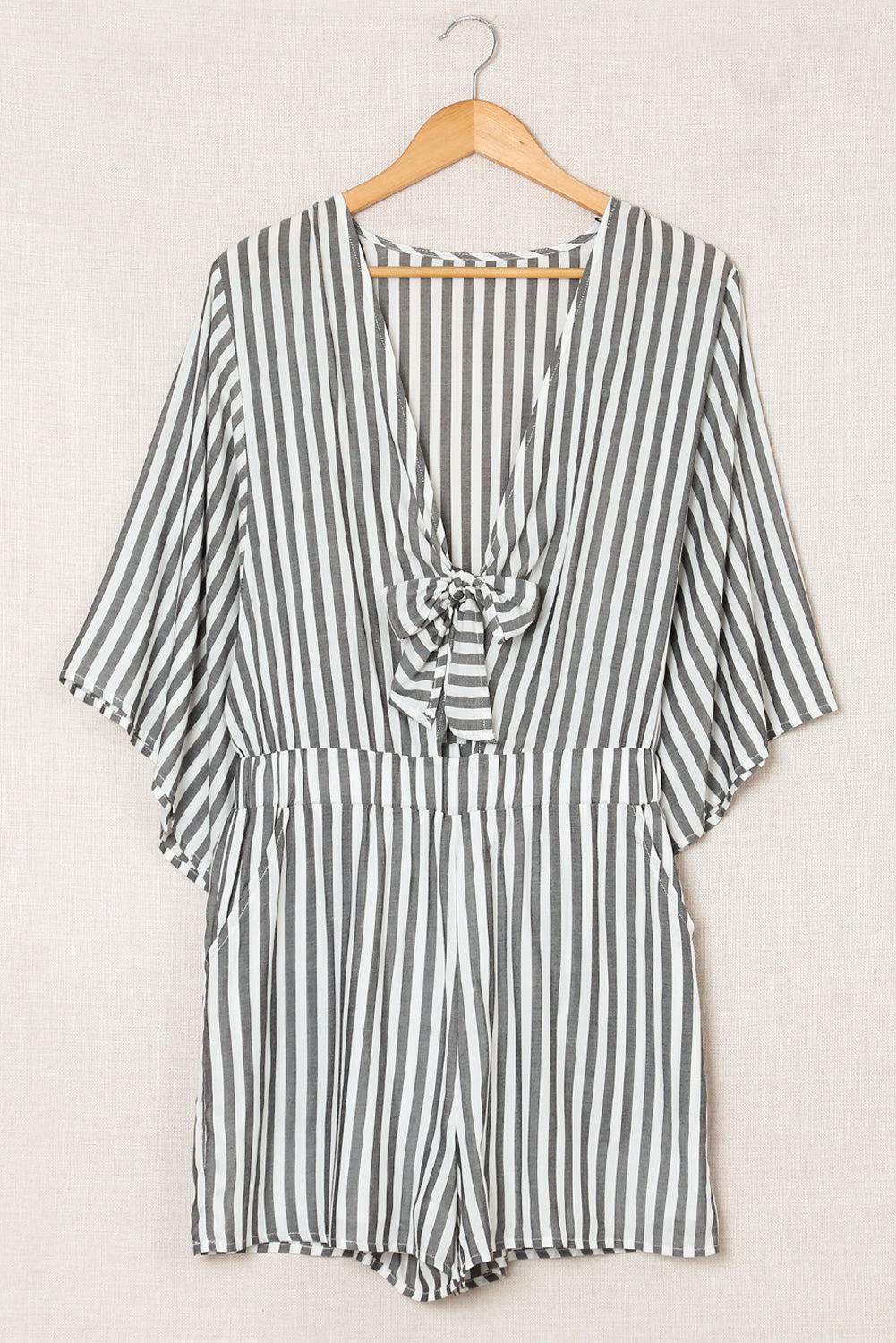 Striped Tie-Front Plunge Romper with Pockets-TOPS / DRESSES-[Adult]-[Female]-Blue Zone Planet