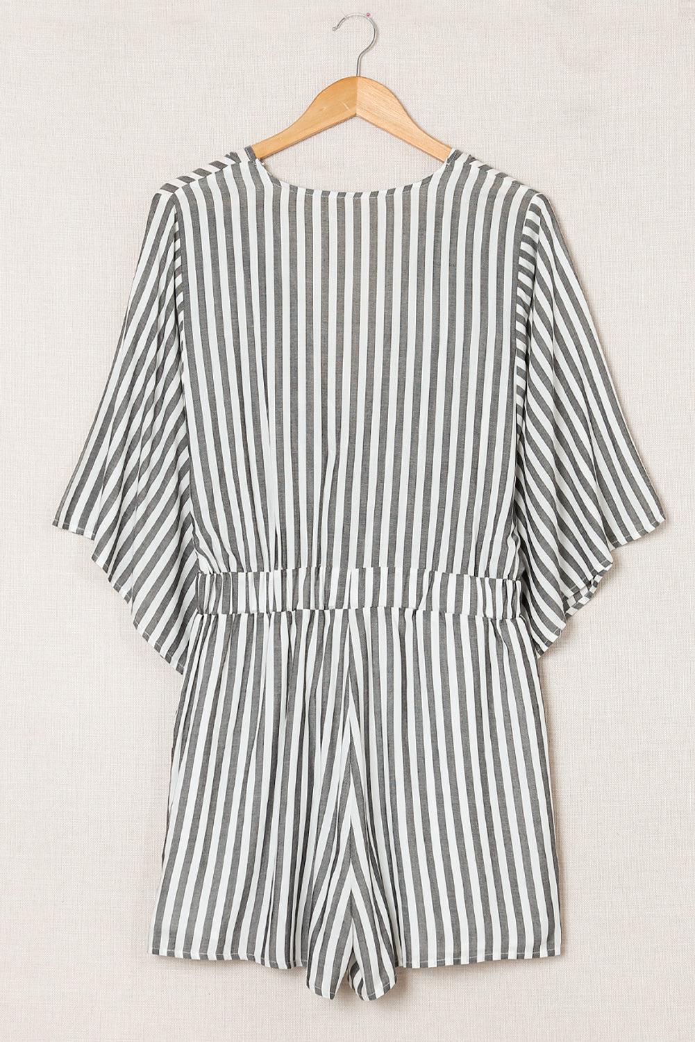 Striped Tie-Front Plunge Romper with Pockets-TOPS / DRESSES-[Adult]-[Female]-Blue Zone Planet