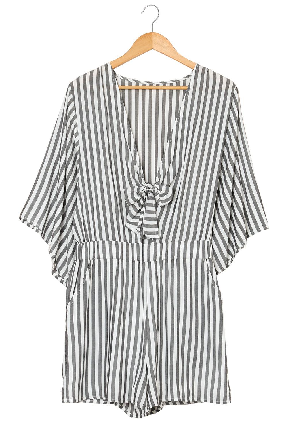 Striped Tie-Front Plunge Romper with Pockets-TOPS / DRESSES-[Adult]-[Female]-Blue Zone Planet