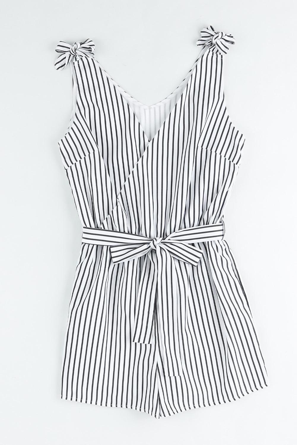 Striped Tie-Shoulder Belted Surplice Romper-TOPS / DRESSES-[Adult]-[Female]-White-S-Blue Zone Planet