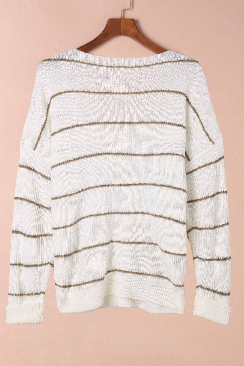 Striped V-Neck Drop Shoulder Sweater with Pocket-TOPS / DRESSES-[Adult]-[Female]-2022 Online Blue Zone Planet