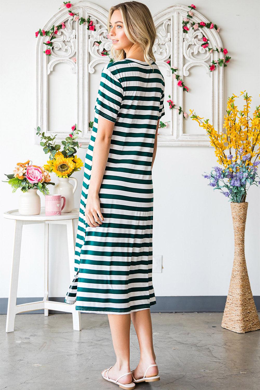 Striped V-Neck Short Sleeve Side Slit Dress BLUE ZONE PLANET