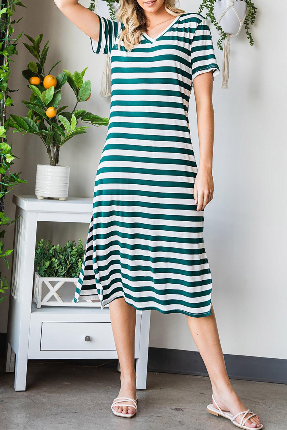 Striped V-Neck Short Sleeve Side Slit Dress BLUE ZONE PLANET