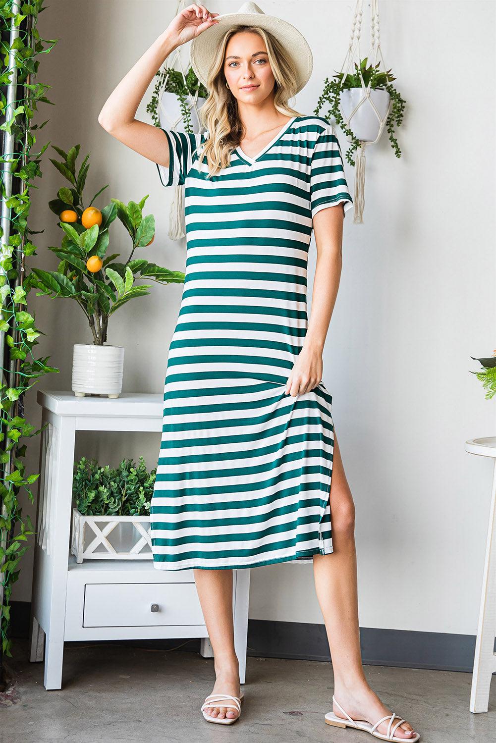 Striped V-Neck Short Sleeve Side Slit Dress BLUE ZONE PLANET